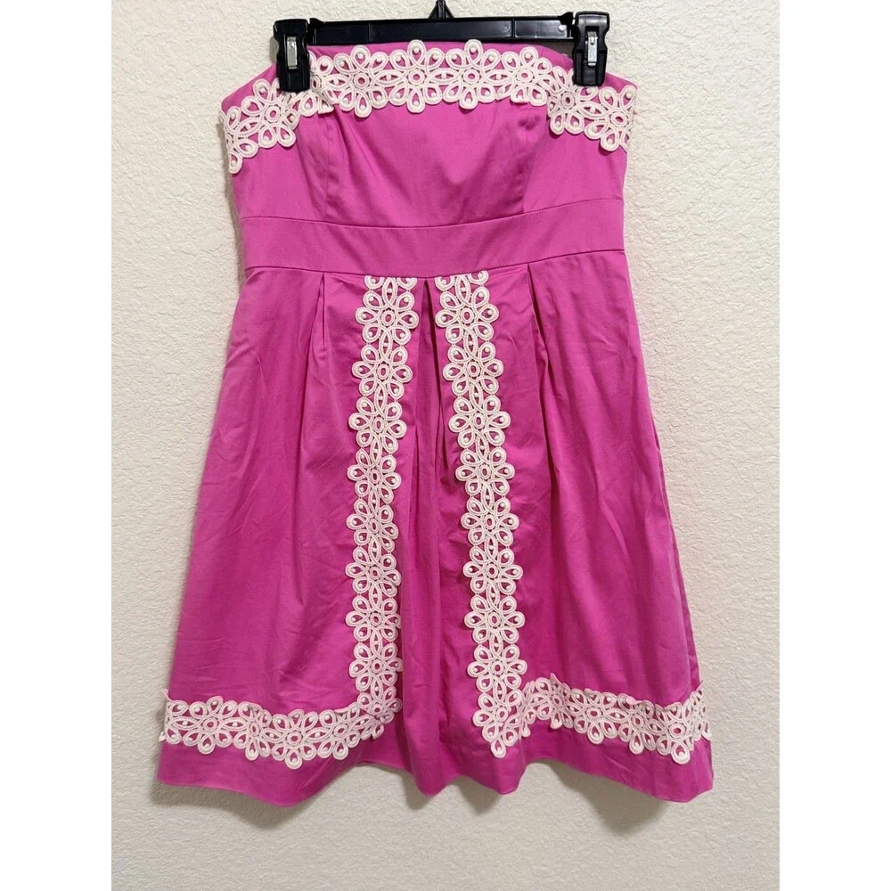 Lilly Pulitzer Betsy Pink Cotton Dress Lace Trip Strapless 6
